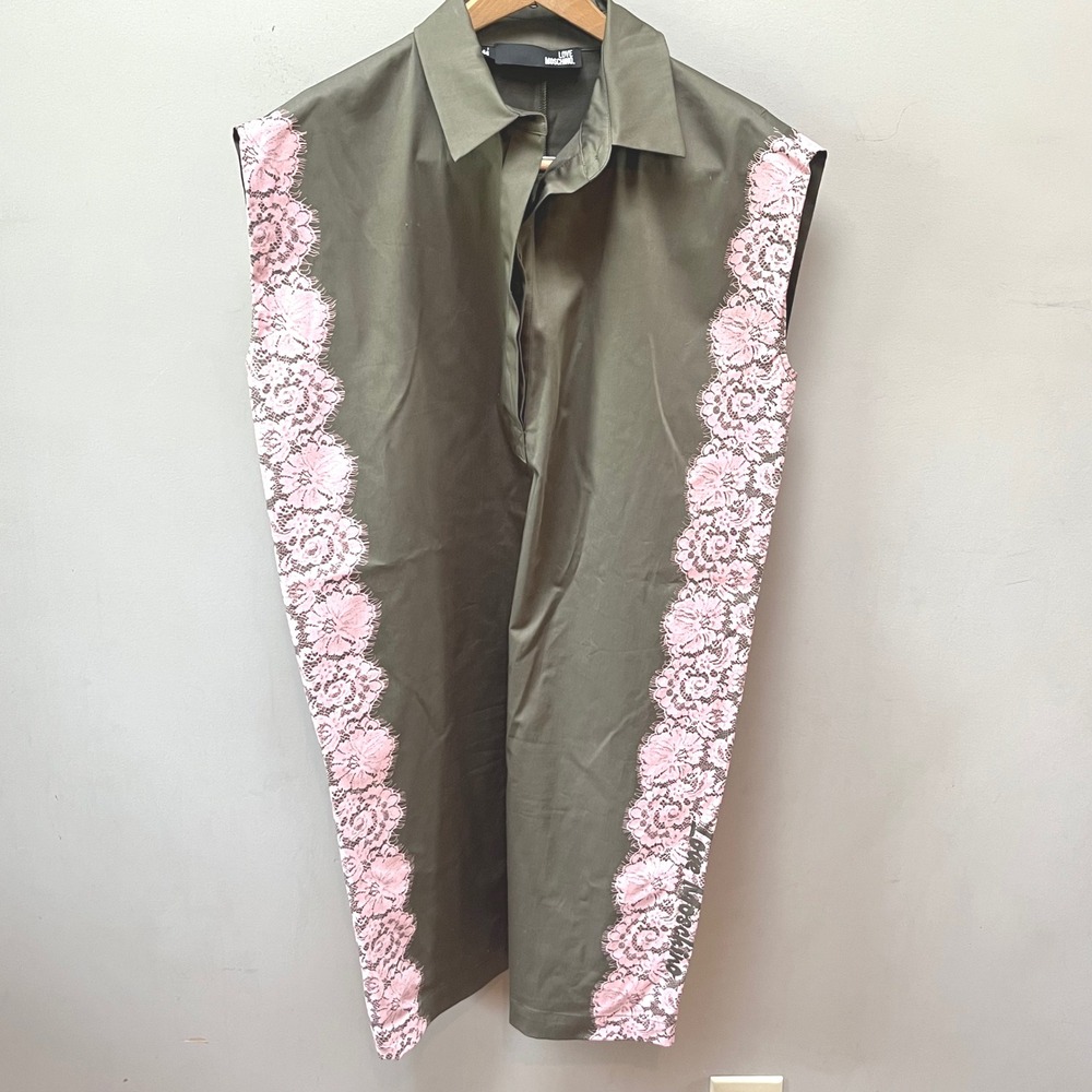 Love Moschino Adelaide‎ Cutout Dress Pink Lace Trim Olive Green Shirt Dress 8